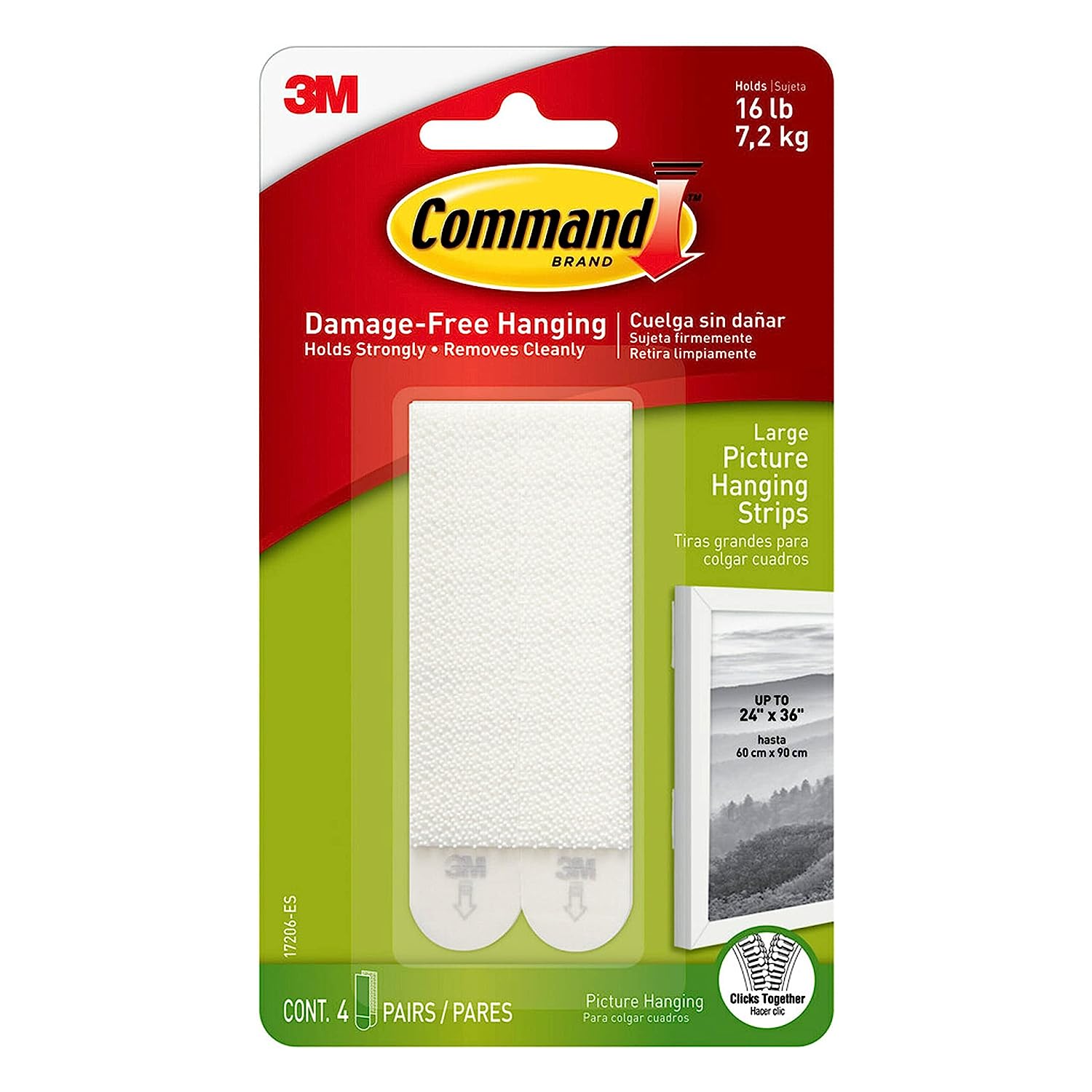 Command Large Picture Hanging Strips, Damage Free Hanging Picture Hangers, No Tools Wall Hanging Strips for Living Spaces, 4 White Adhesive Strip Pairs