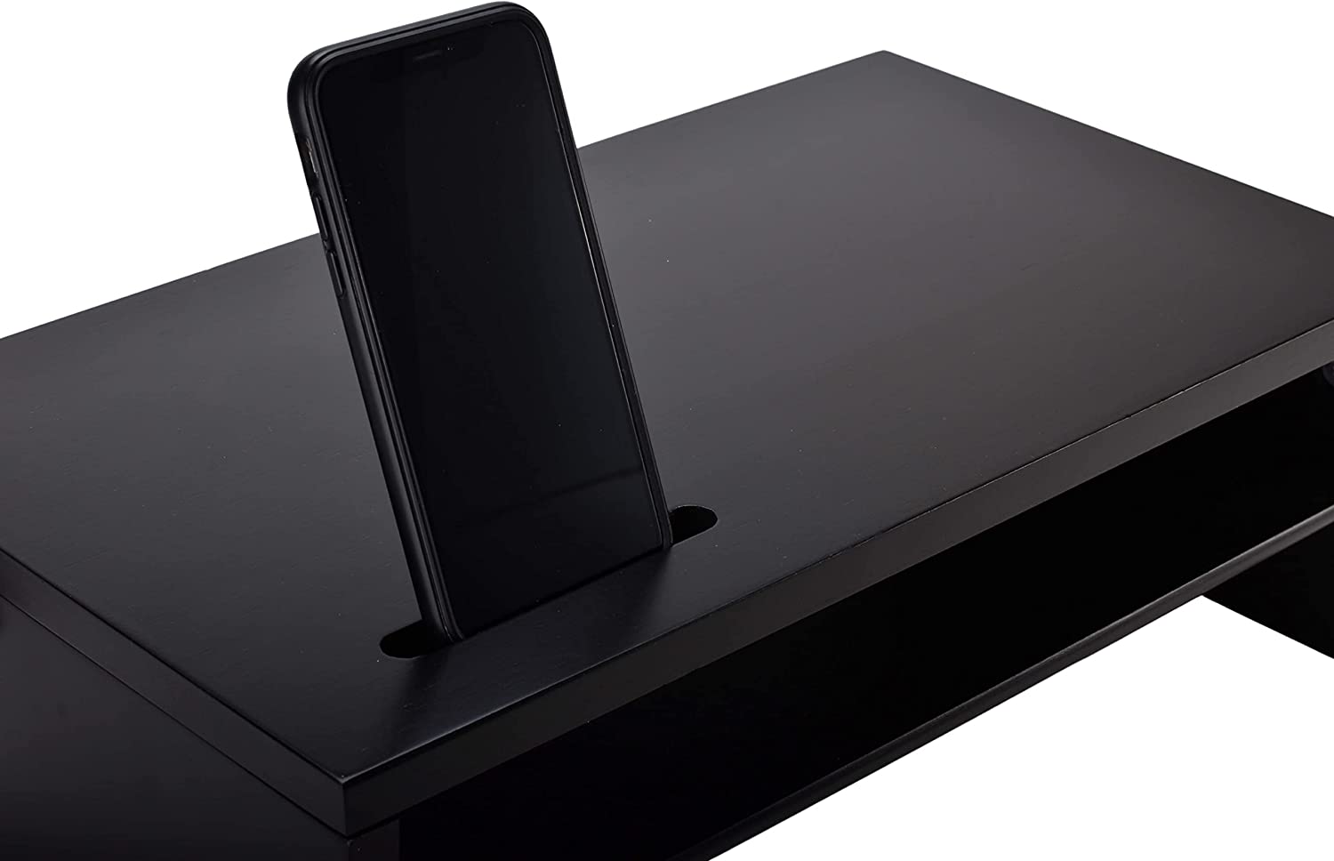 Monitor Stand - Two Tier Wood Desk Shelf for Monitor, Printer or Desktop Computer. Cable Management, Phone Slot and Removable Shelf for Organizing Office Accessories. (Black)