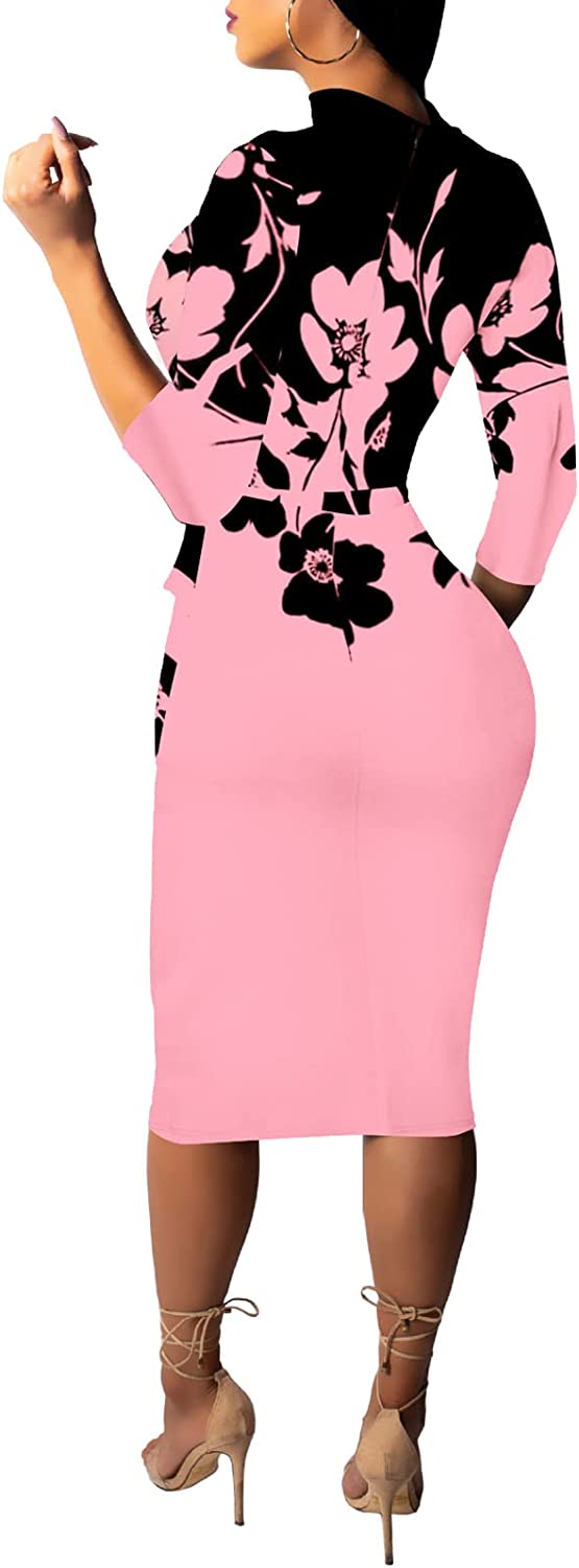 Women's 3/4 Sleeve Bodycon Dresses Work Casual Floral Print Pencil Midi Dresses with Belt
