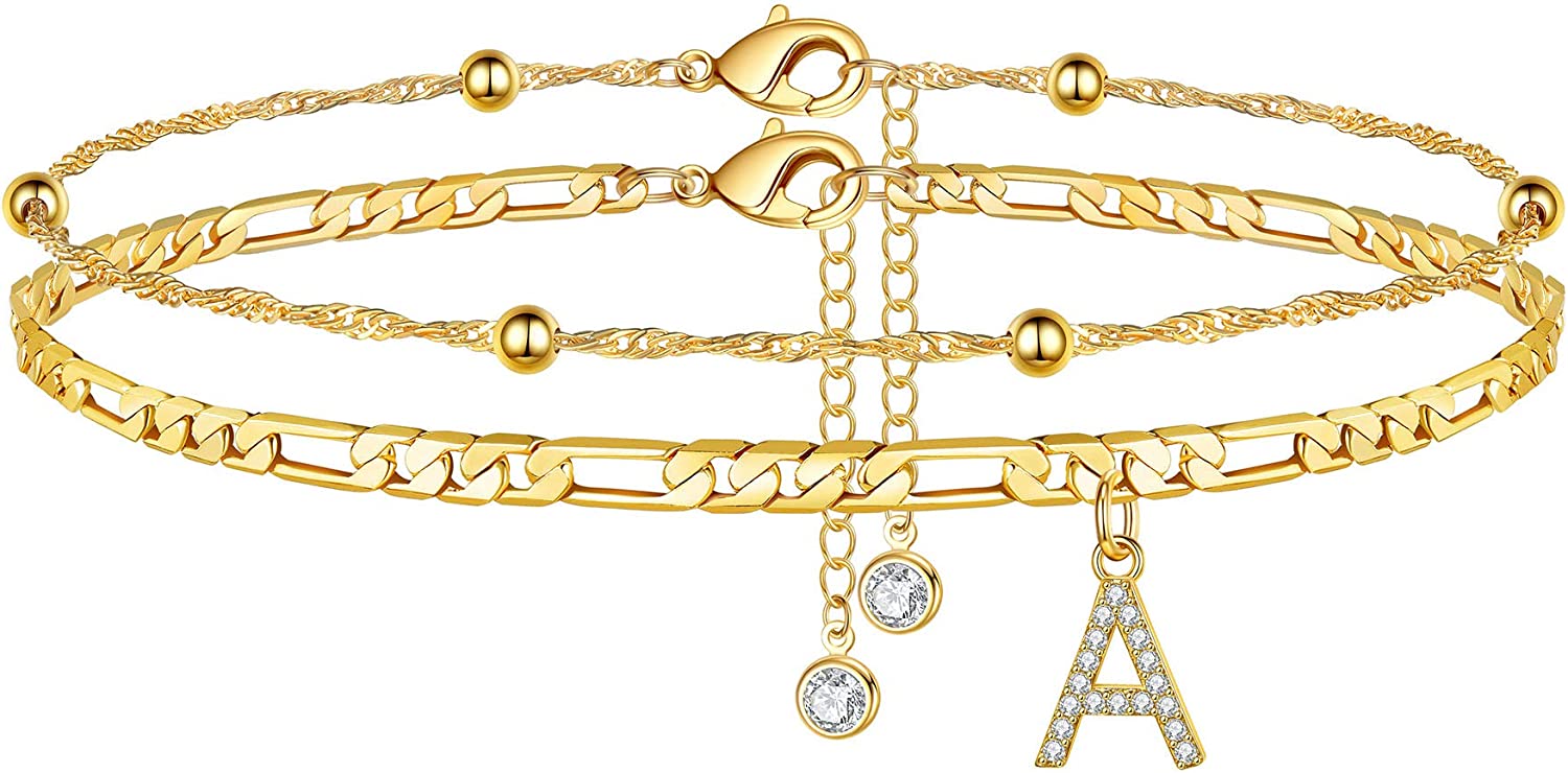 Ursteel Ankle Bracelets for Women, 14K Gold Plated Dainty Layered Figaro Chain CZ Initial Anklets Summer Jewelry Gifts for Women Teen Girls