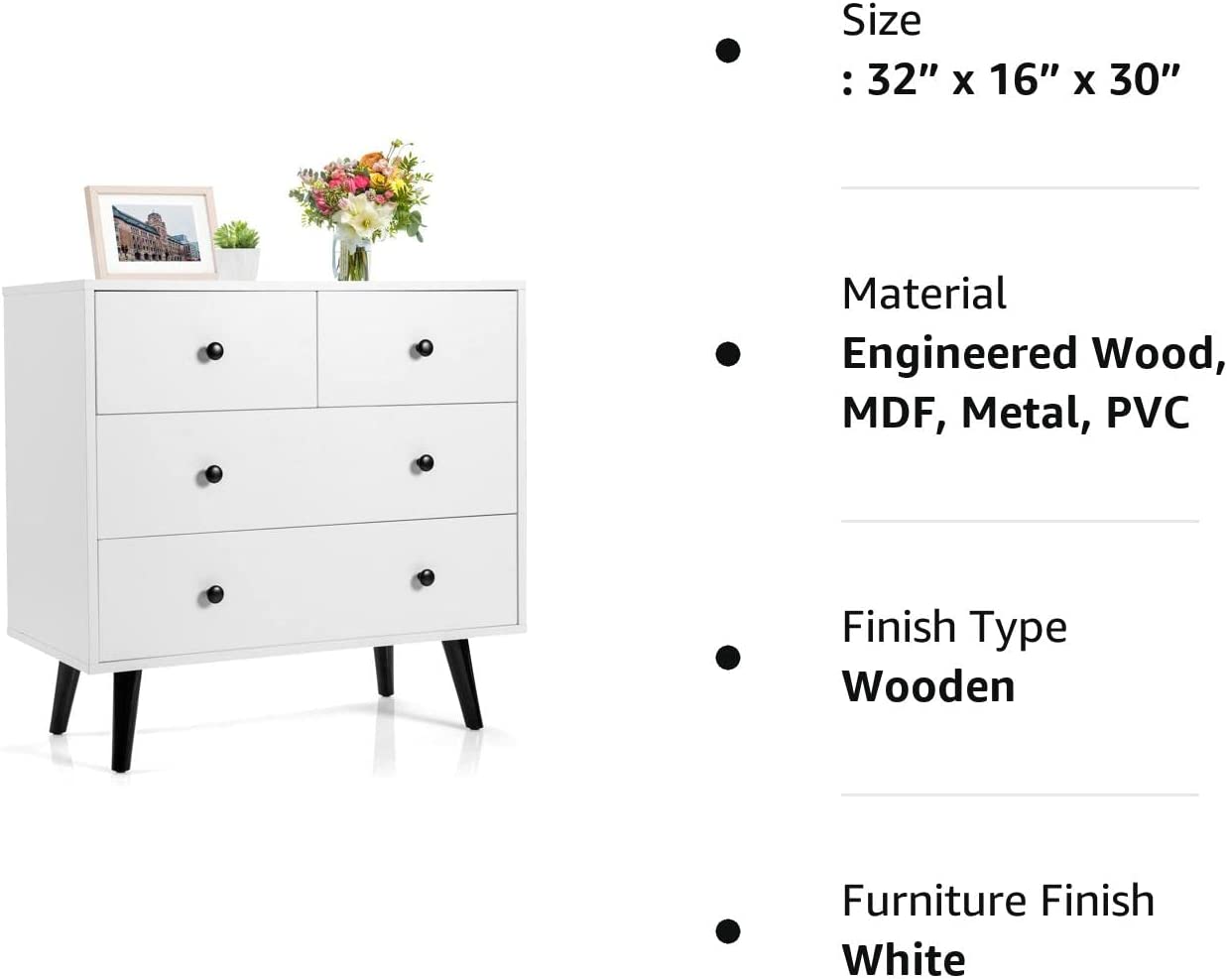 Tangkula 4 Drawer Dresser， Wooden Chest of Drawers， Freestanding Storage Cabinet with Legs &amp; Metal Handles， Modern Storage Drawer for Bedroom， Living Room， Cloakroom， Nursery Room (White)