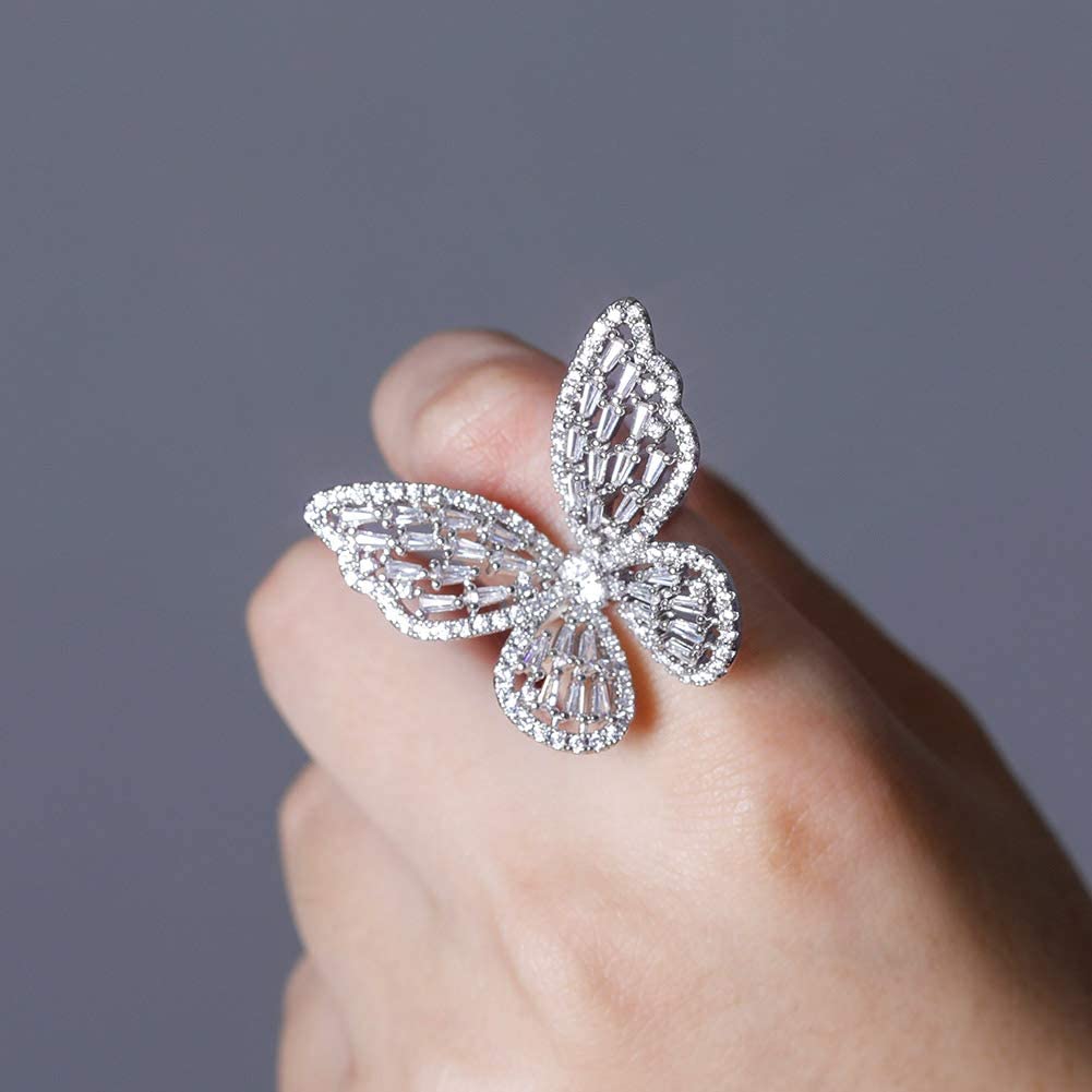Ayaoch Sterling Silver Adjustable Butterfly Rings for Women Girls Cubic Zirconia Ring Jewelry
