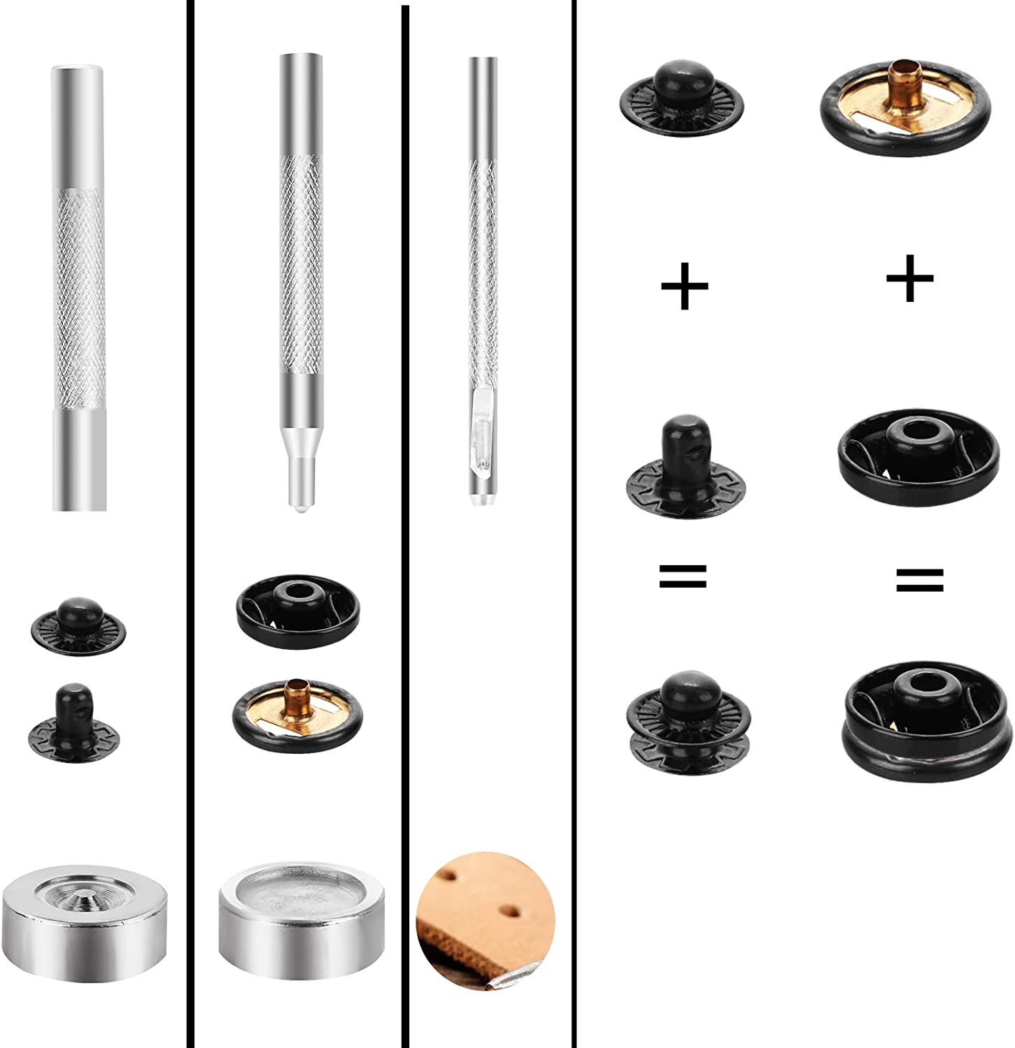 12 Sets Metal Snap Buttons Kit，15mm Heavy Duty Leather Sewing Kit Press Studs with 4 Install Tools， Leather Rivets and Snaps for Clothing， Leather， Jeans， Jackets， Bracelets， Bags DIY Crafts