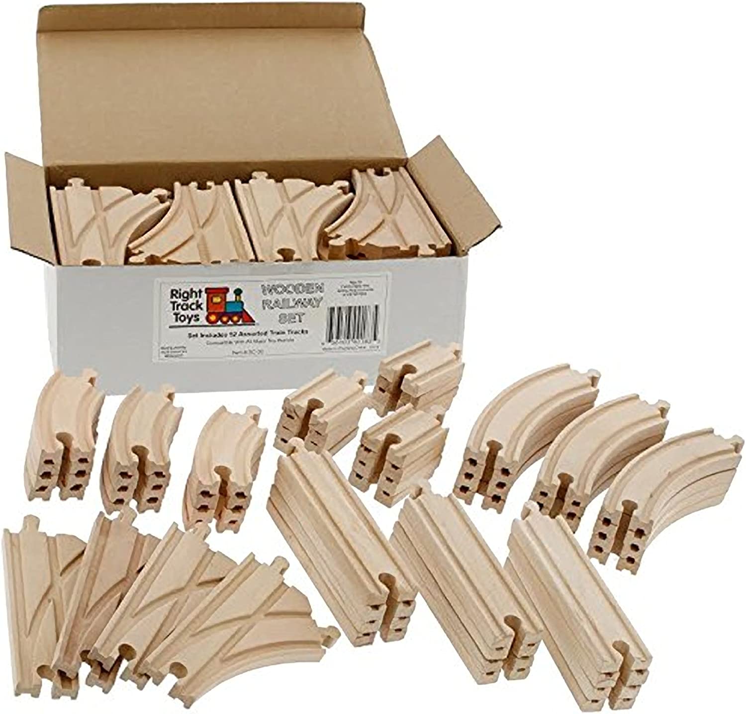 Wooden Train Track 52 Piece Set - 18 Feet Of Track Expansion And 5 Distinct Pieces - 100% Compatible with All Major Brands Including Thomas Wooden Railway System - by Right Track Toys