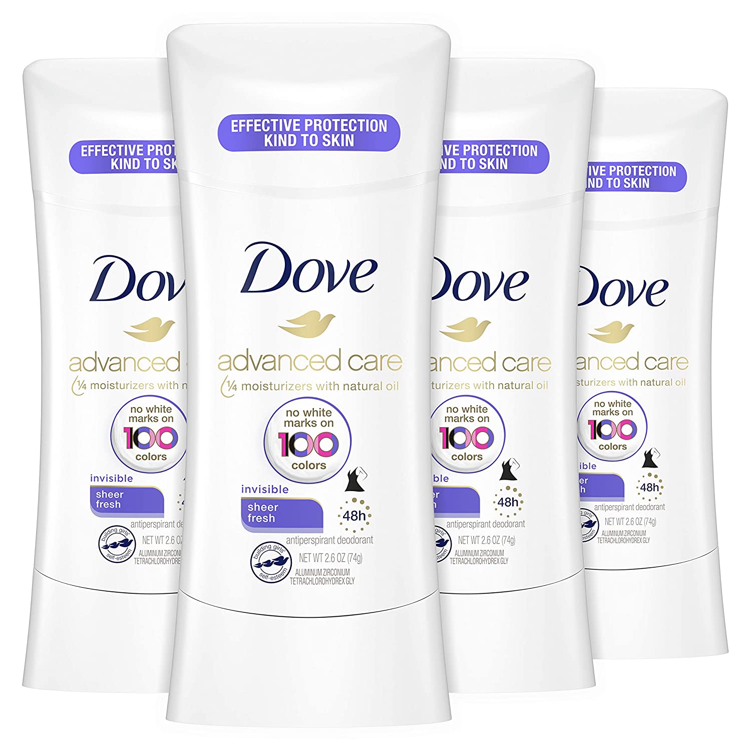 Dove Antiperspirant Deodorant Stick No White Marks on 100 Colors Sheer Fresh 48Hour Sweat and Odor Protecting Deodorant for Women oz 4 Count, 2.6 Ounce