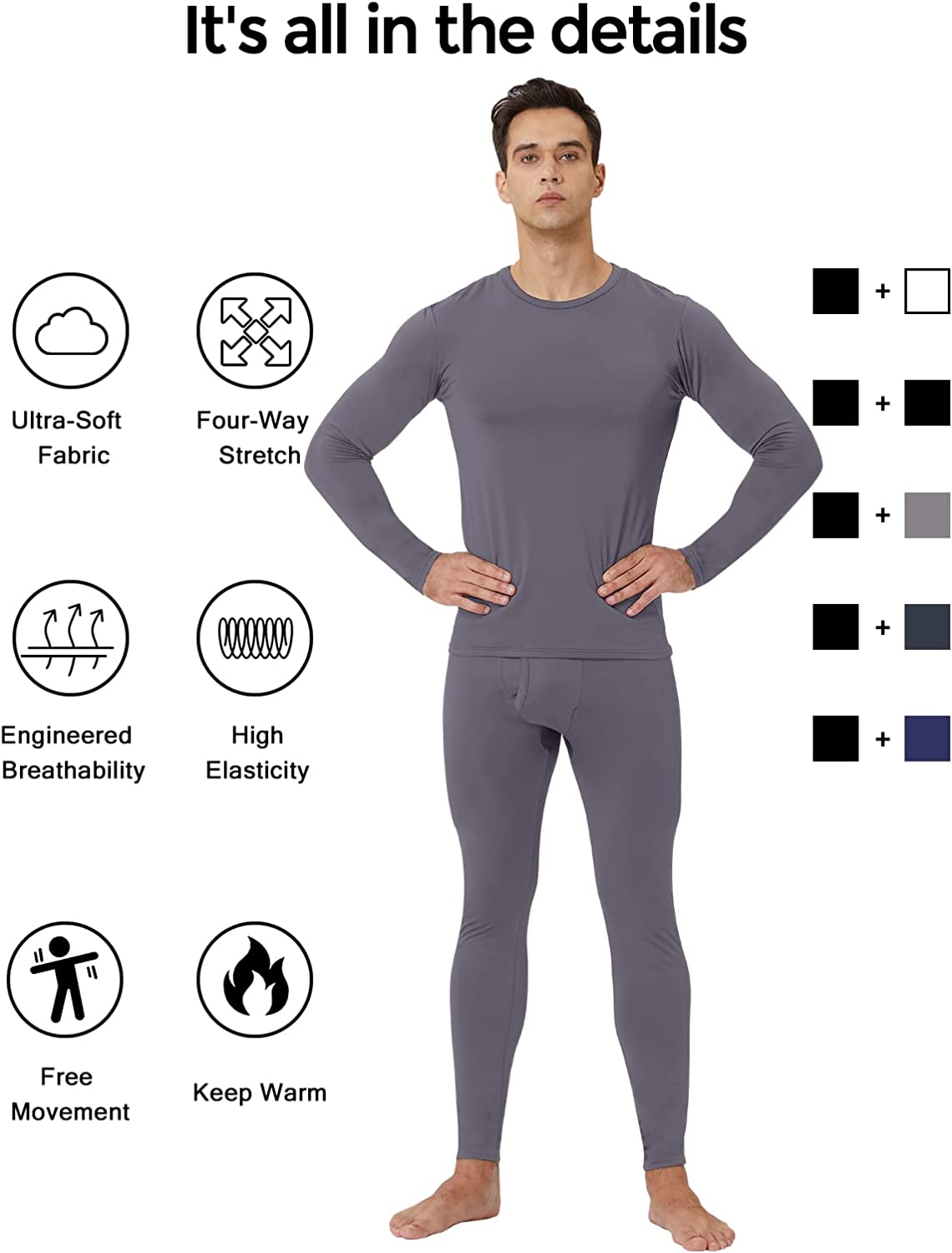 Thermal Underwear for Men, Ultra Soft Long Johns Fleece Lined Warm Base Layer Top and Bottom Set for Cold Weather