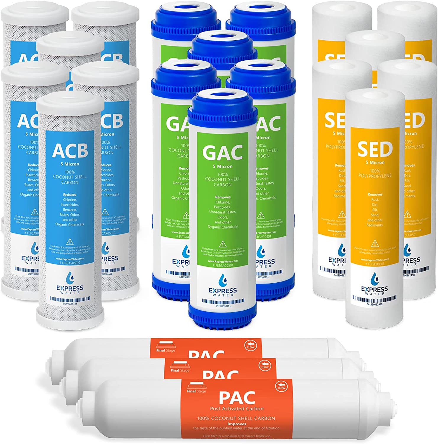 Express Water – 3 Year Reverse Osmosis System Replacement Filter Set – 21 Filters, Carbon GAC, ACB, PAC Filters, Sediment SED Filters – 10 inch Size Water Filters