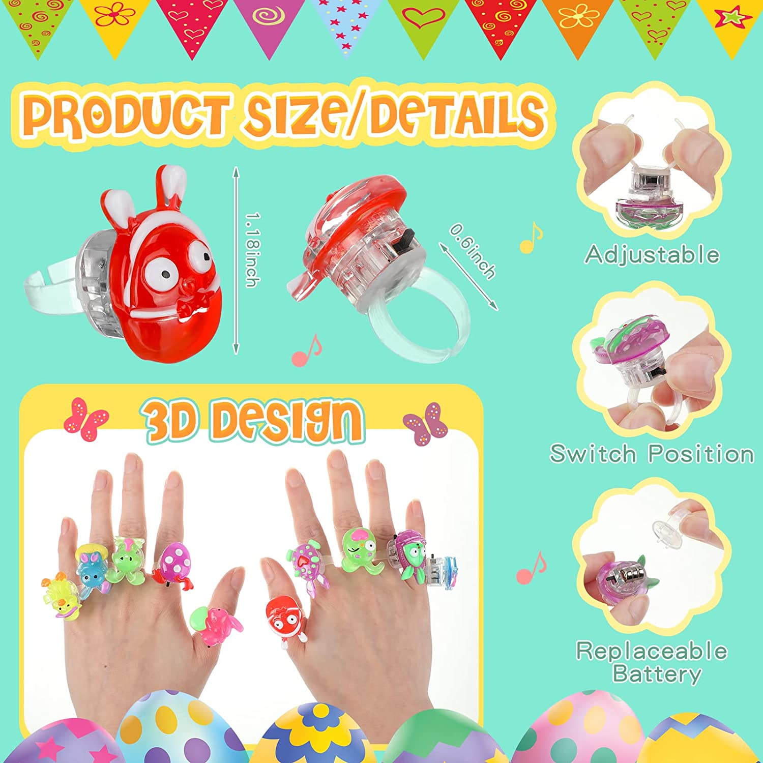 Leyndo 150 Pcs Easter Egg Fillers Finger Light up Rings Easter Basket Stuffers Easter Party Favors for Boys Girls Easter Gift Easter Egg Stuffers Easter Toys for Kids Glow in the Dark Party