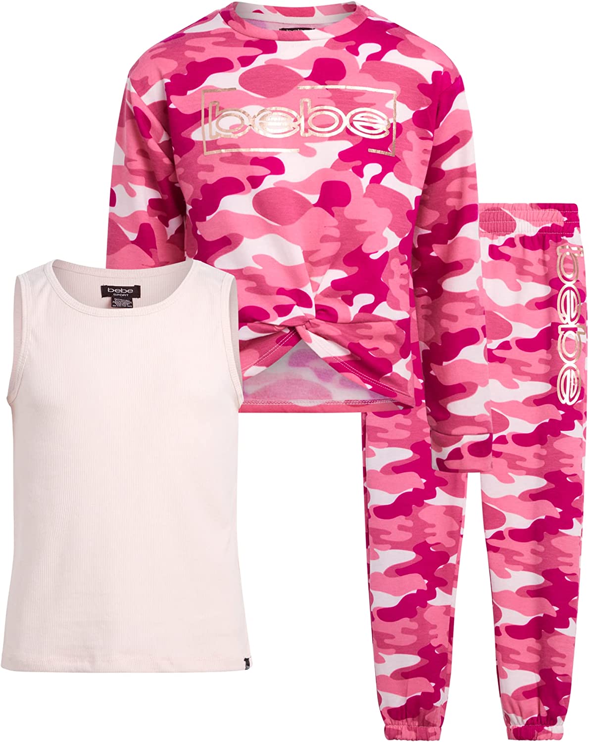 bebe Girls' Jogger Set - Active Fleece Pullover Sweatshirt, Sweatpants, and Tank Top
