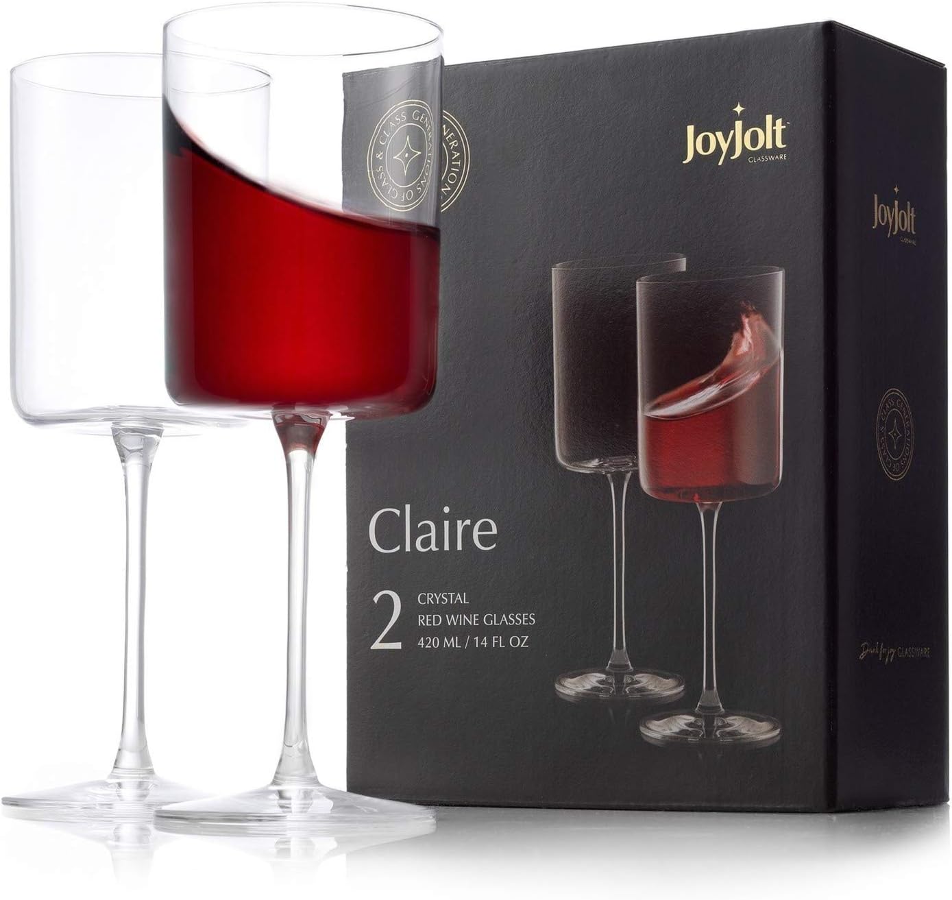 JoyJolt Claire 14oz Red Wine Glass Set. Large Wine Glasses Set of 2 Crystal Wine Glasses. Elegant Wide Rim Stemware - Modern Wine Glasses with Stem. Stemmed Wine Glasses for Unique Wine Glasses Gifts