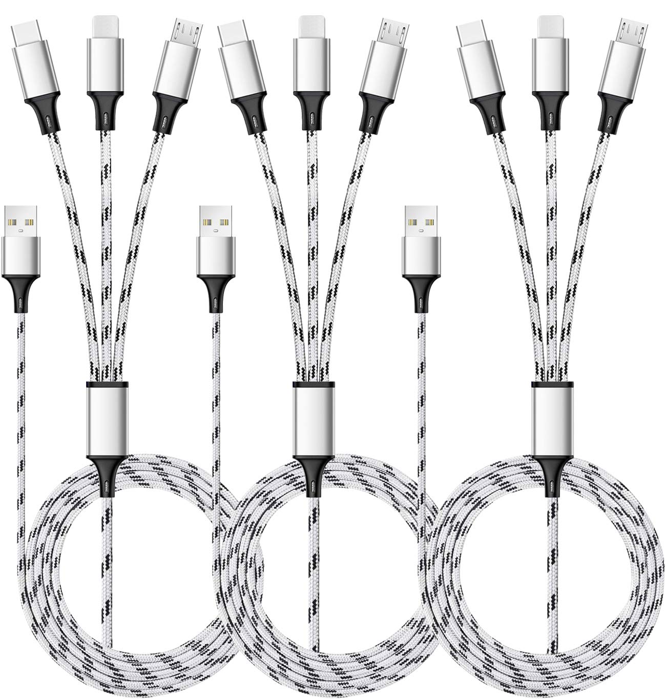 Multi Charging Cable, 5ft 3Pack Multi Charger Cable Nylon Braided Multiple USB Cable Universal 3 in 1 Charging Cord Adapter with Type-C, Micro USB Port Connectors for Cell Phones and More