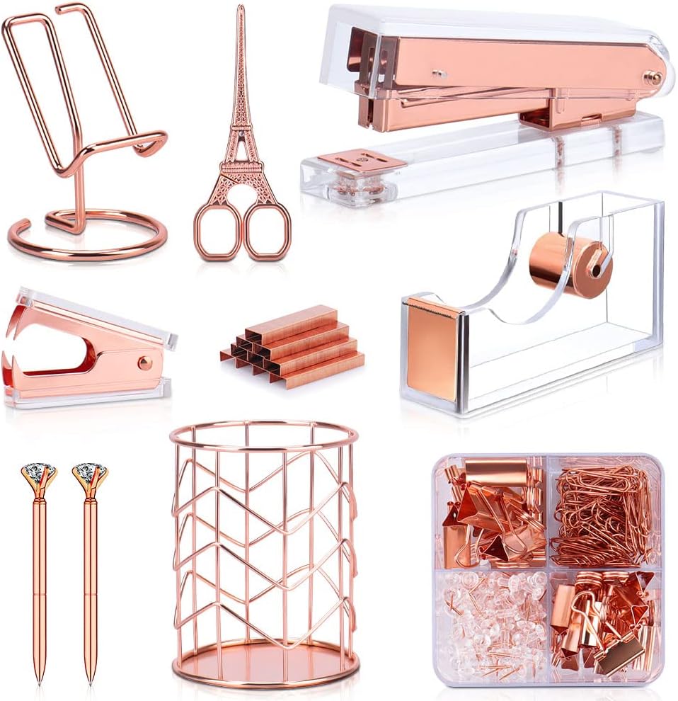 Rose Gold Office Supplies and Accessories, Acrylic Stapler, Staple Remover, Tape Dispenser, Pen Holder, Phone Holder, Scissors, Paper Clips, Binder Clips, 2 Pen and 1000 pcs Staples