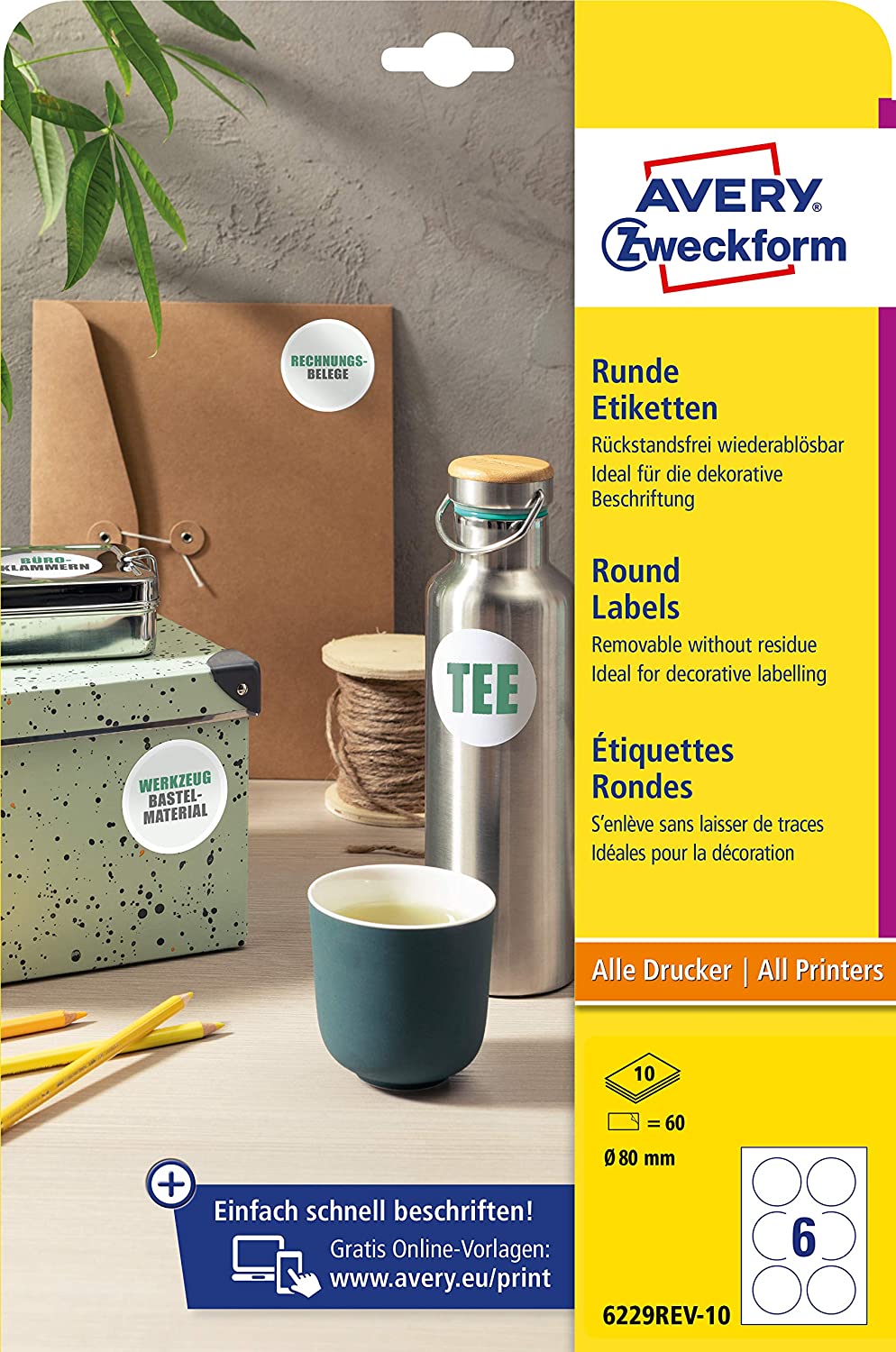 AVERY Zweckform 6229REV-10 Round Labels (60 Adhesive Dots, Diameter 80 mm on A4, Round Stickers for Printing, Removable Without Residue/Removable, Self-Adhesive Jam Labels), 10 Sheets, White