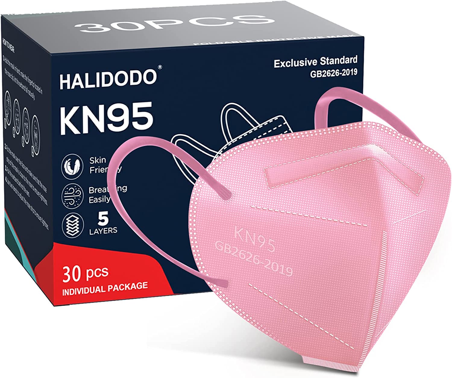 HALIDODO 30 Packs KN95 Face Mask, 5-Plyers Protection Cup Dust Face Mask, Breathable Protection Mask for Women Man, Pink