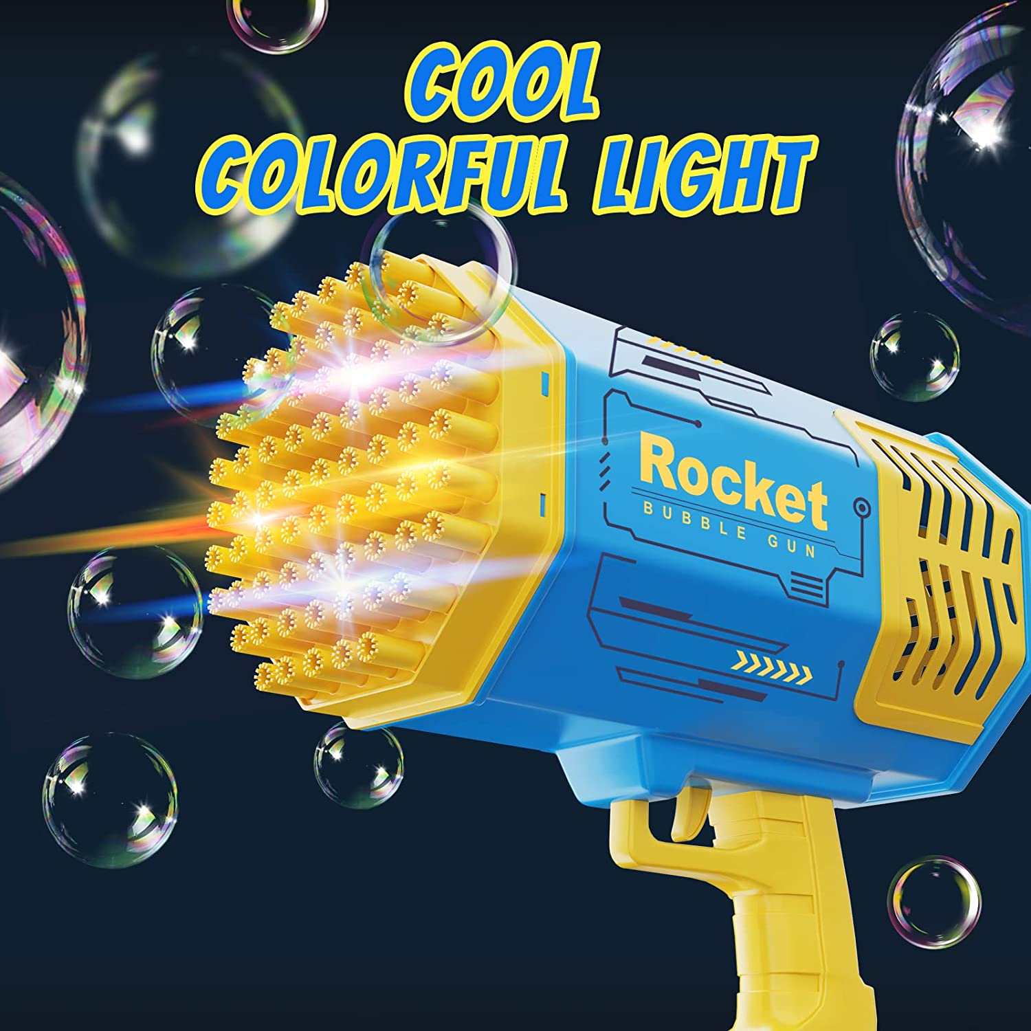 Pitpat 69 Holes Bazooka Bubble Gun - Rocket Boom Bubble Blower Extremely Large Number of Bubbles - Bubble Machine Gun with 2 Bubble Solution Refills and 20 Packs of Liquid Concentrate - Yellow & Blue