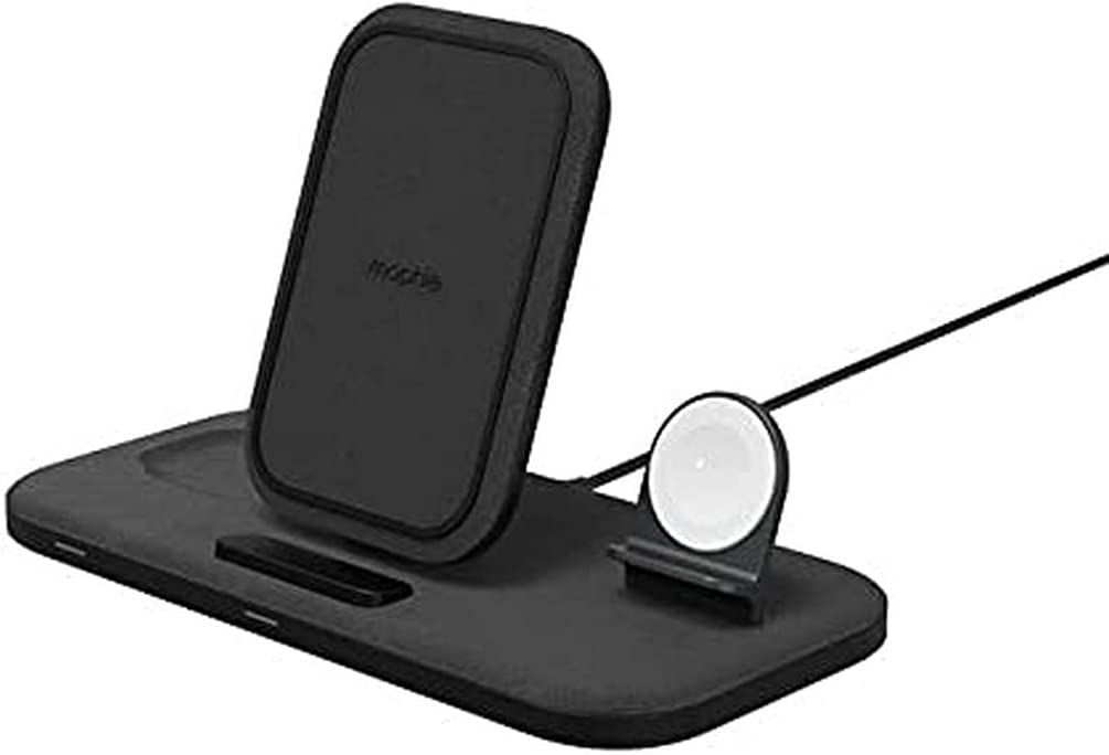 mophie 3-in-1 Wireless Charging Stand for Apple iPhone, AirPods/AirPods Pro & Watch, 15W Super-Fast Charging, Stylish Gloss Finish, Portrait or Landscape Smartphone Charging Mode, Black Fabric