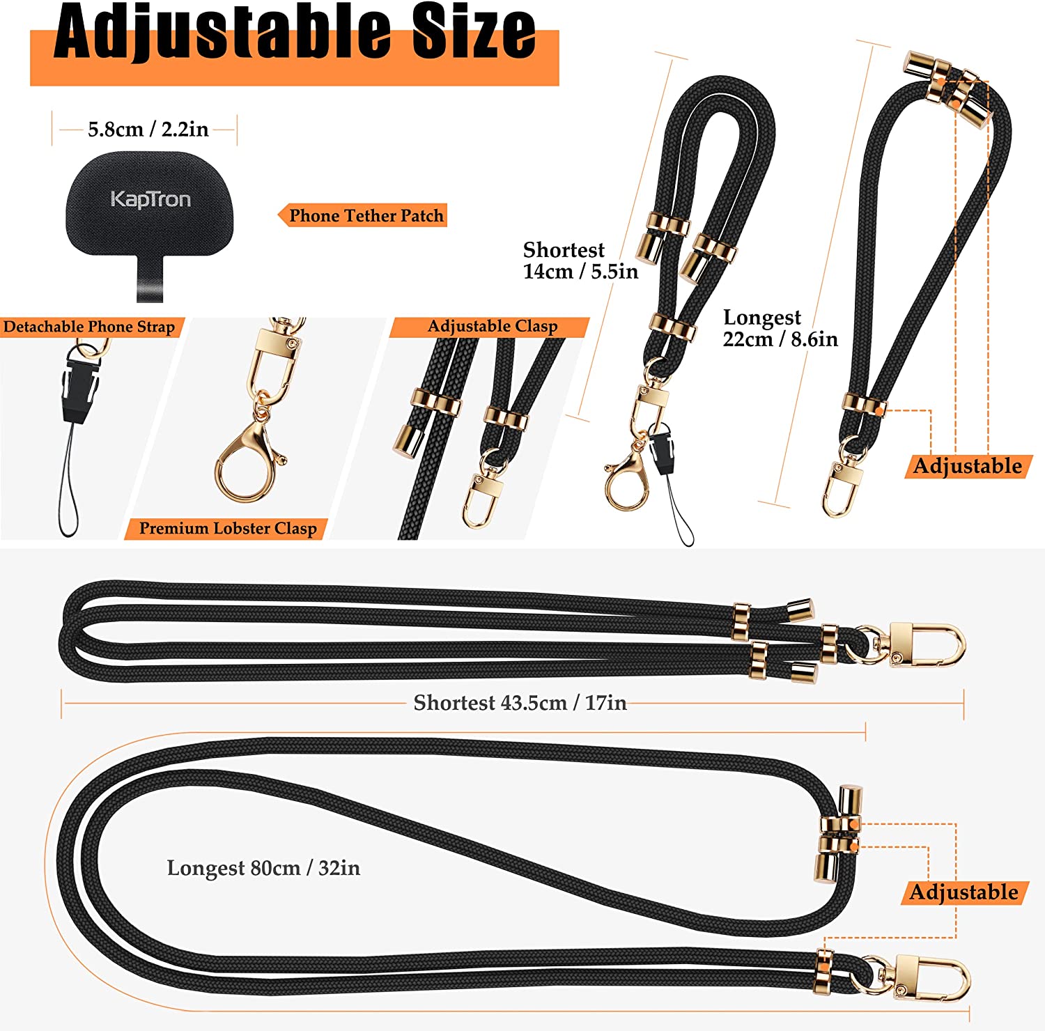 Universal Phone Lanyard with Wrist Strap, Adjustable Crossbody Cell Phone Lanyard Neck Strap and Wristlet Strap with 2 Lobster Clips, Phone Tether Patches and Phone Straps (Black/Gold, 2 Pack)