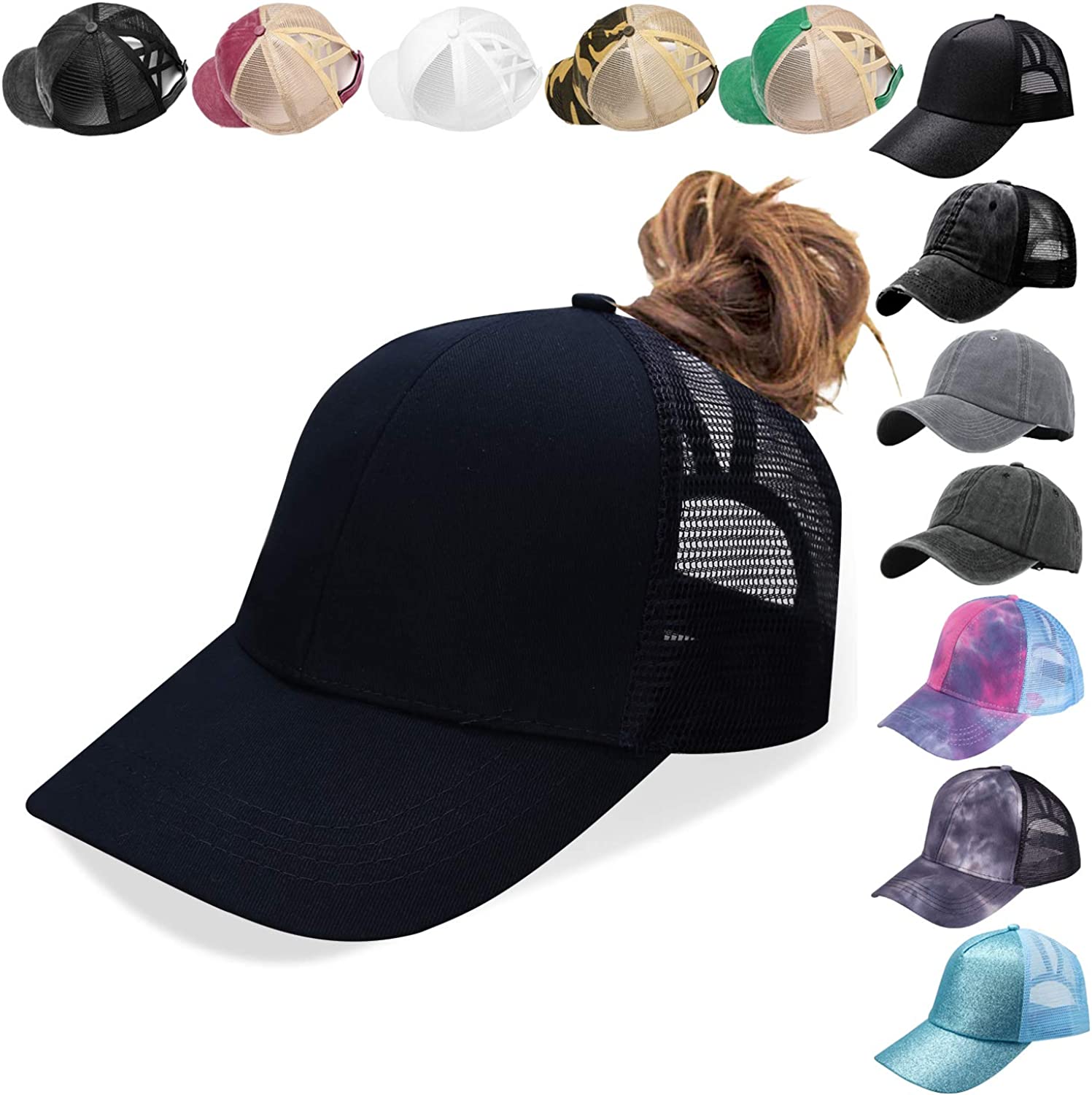 Criss Cross Hat Washed Distressed Baseball Cap Ponytail Hat High Messy Bun Ponycap for Women