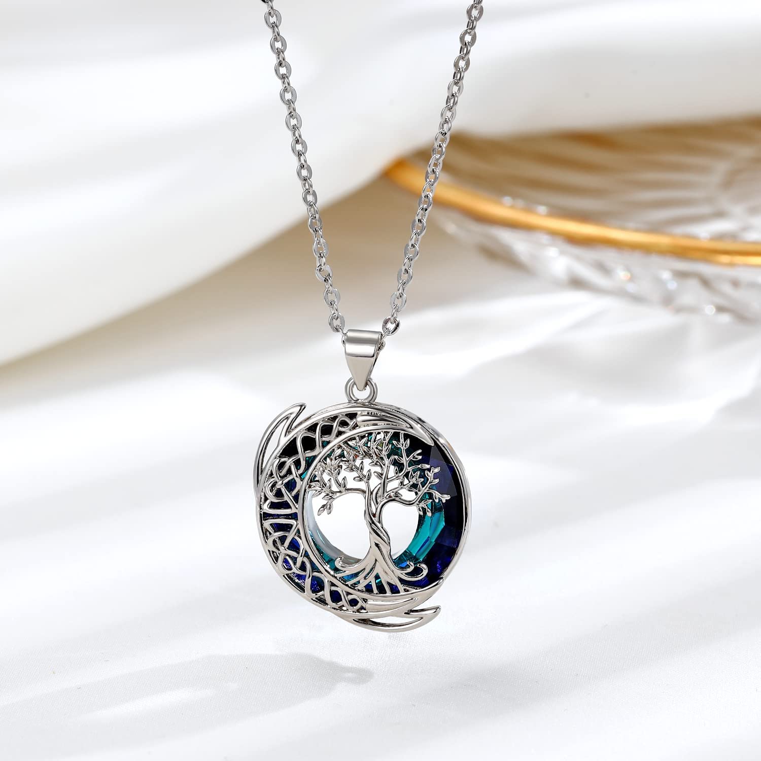 Kattepote Moon Tree of Life Necklace S925 Sterling Silver Crystal Tree of Life Pendant Necklace Celtic Knot Full Moon Tree of Life Women's Jewellery Gift