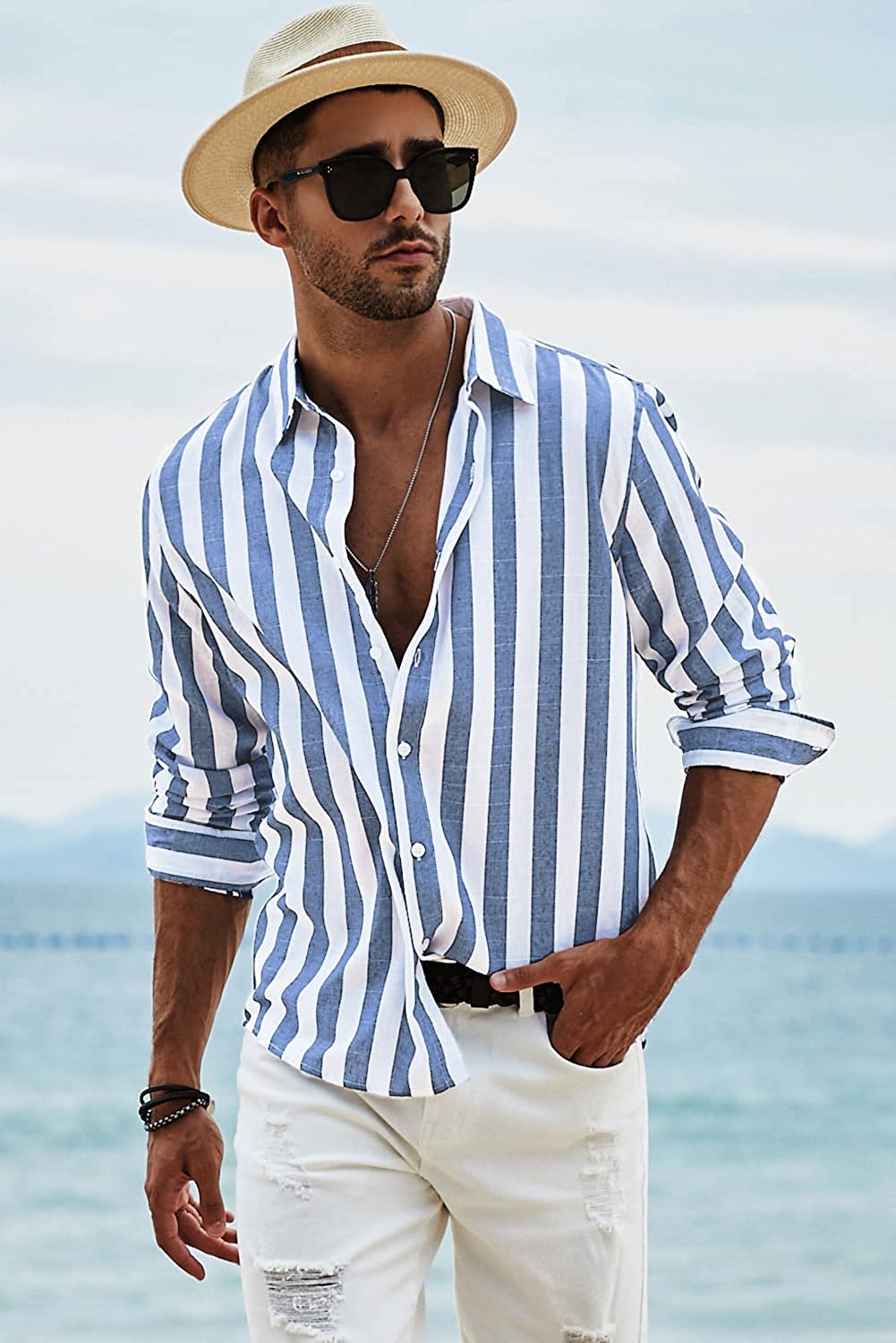 JMIERR Men's Casual Stylish Long Sleeve Button-Down Shirts Striped Dress Shirts Cotton Shirt