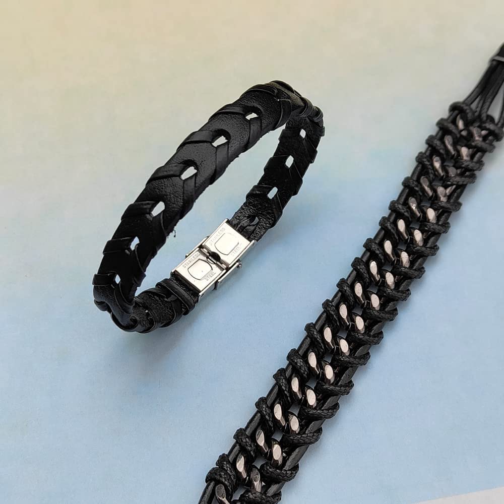 BOMAIL 8Pcs Black Leather Bracelets for Men Women Black Leather Wristband Cuff Wrap Bracelets Punk Leather Bracelets Set
