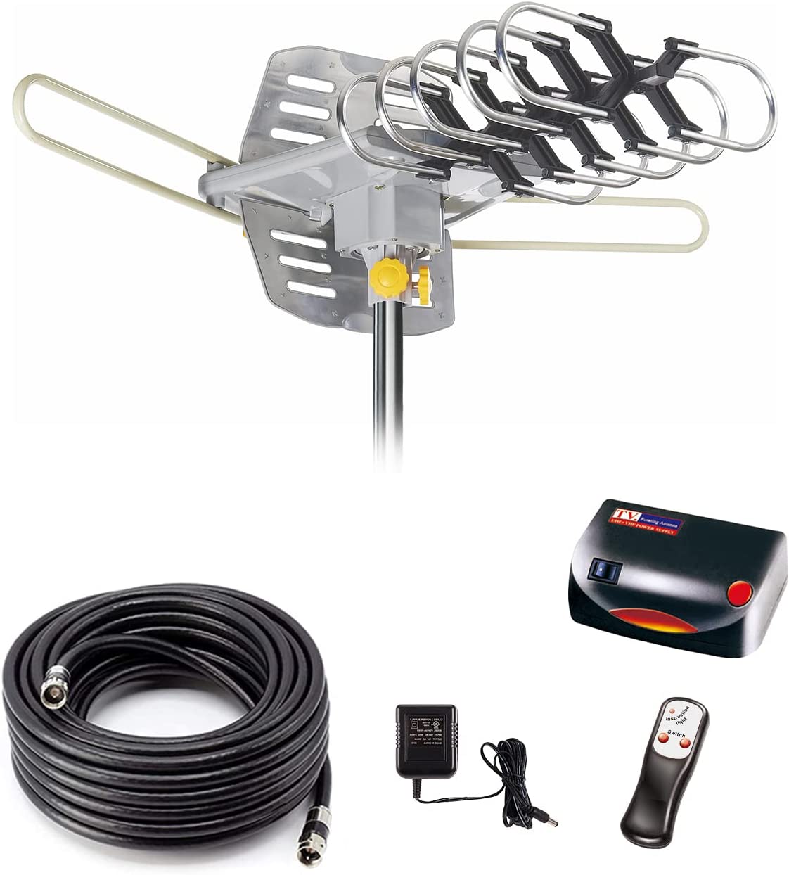 Digital Outdoor Amplified hd tv Antenna 150 Miles Range,Support 4K 1080p and 2 TVs with 33 ft Coax Cable,Adapter,Without Pole