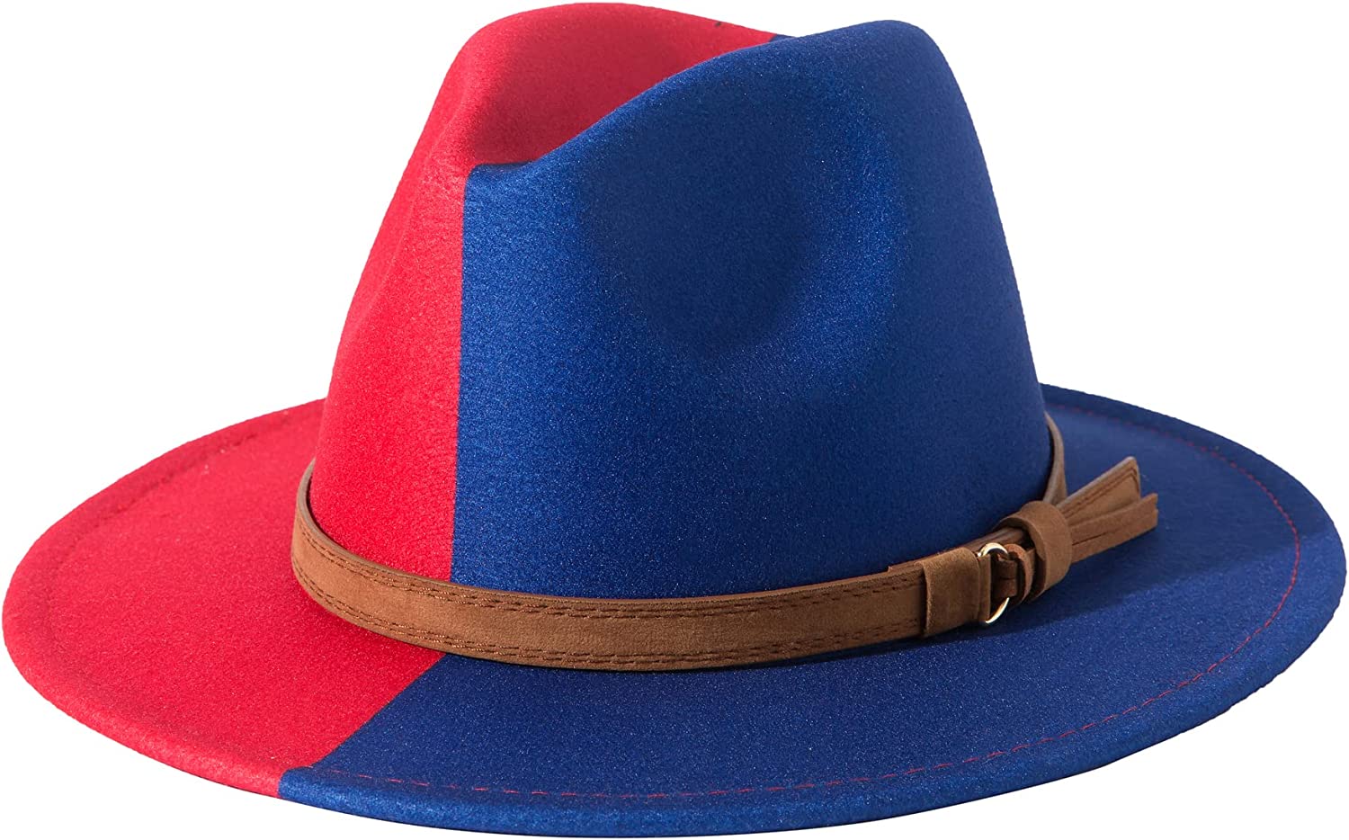 Lanzom Women Men Two Tone Wide Brim Fedora Hats Classic Felt Panama Hat with Belt Buckle