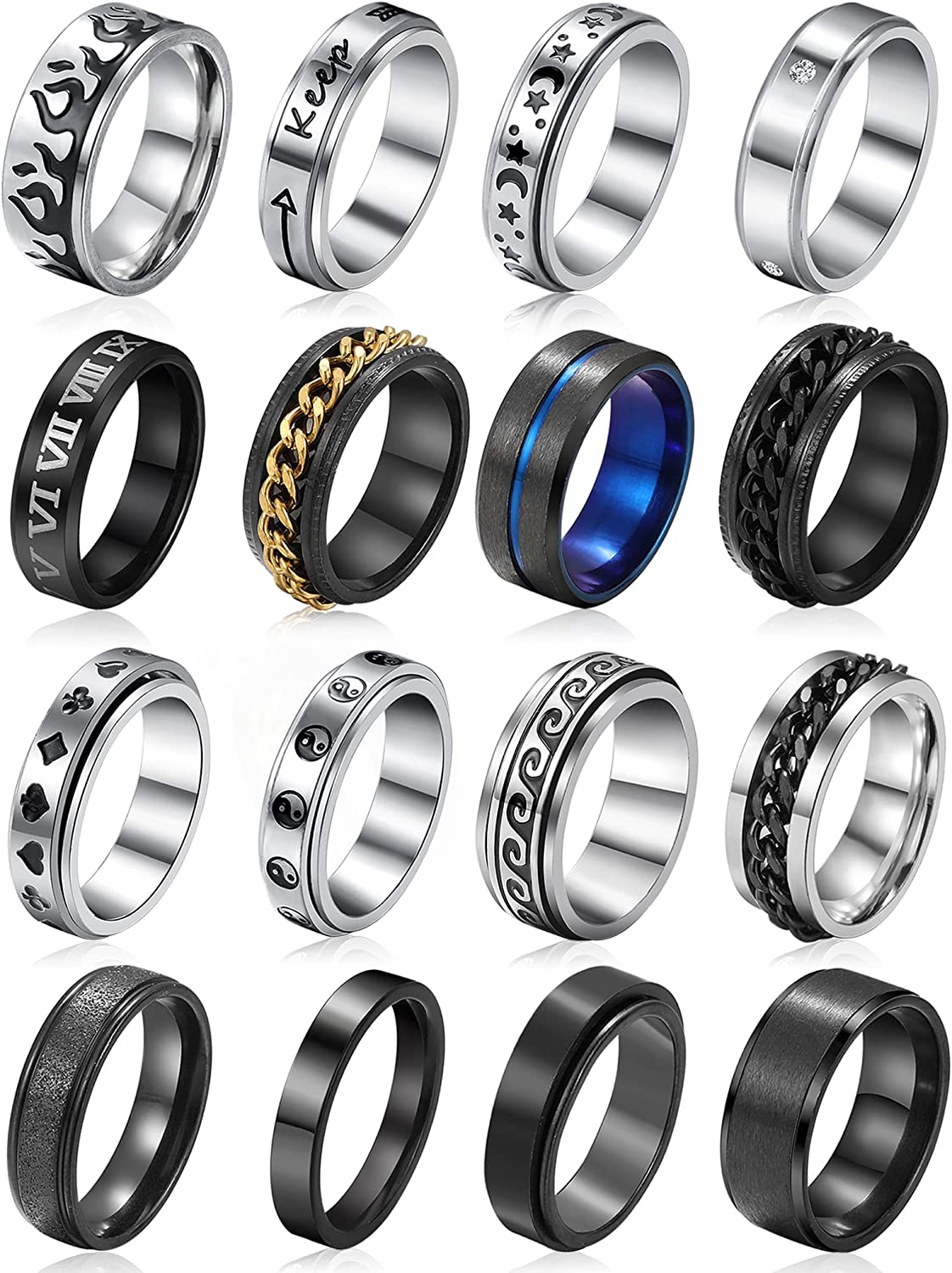 Stainless Steel Fidget Rings for Men, Sliver Fidget Rings for Anxiety for Women, Cool Spinner Ring Set, Black Mens Wedding Band Ring Pack