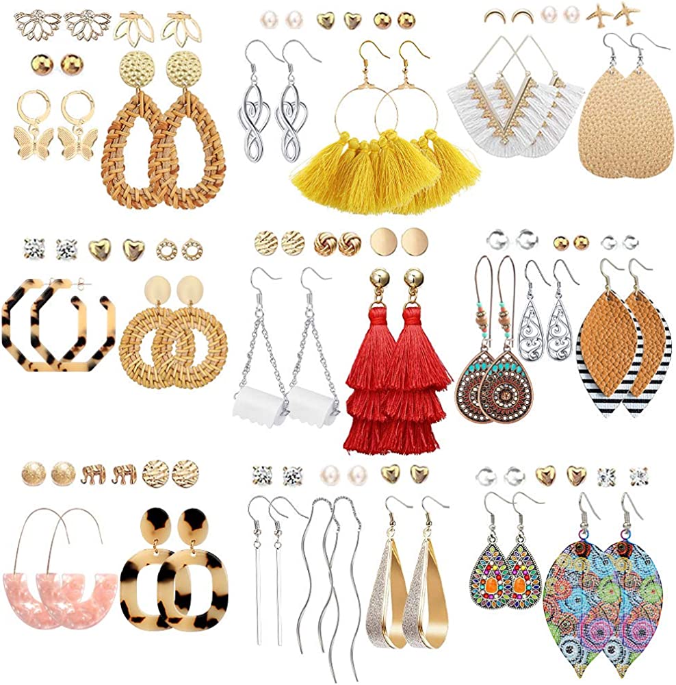 47 Pairs Fashion Earrings for Women Girls, Boho Statement Tassel Rattan Leather Earrings Butterfly Acrylic Hoop Stud Drop Dangle Earrings Set, Hypoallergenic for Sensitive Ears