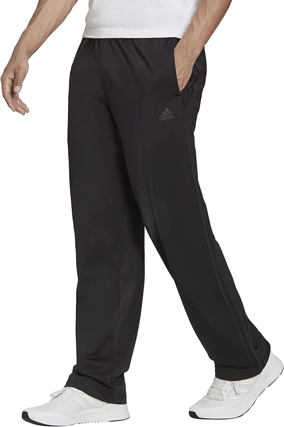 adidas 阿迪达斯 男式 Essentials 热身开放式下摆 3 条纹运动服下装, 黑白色