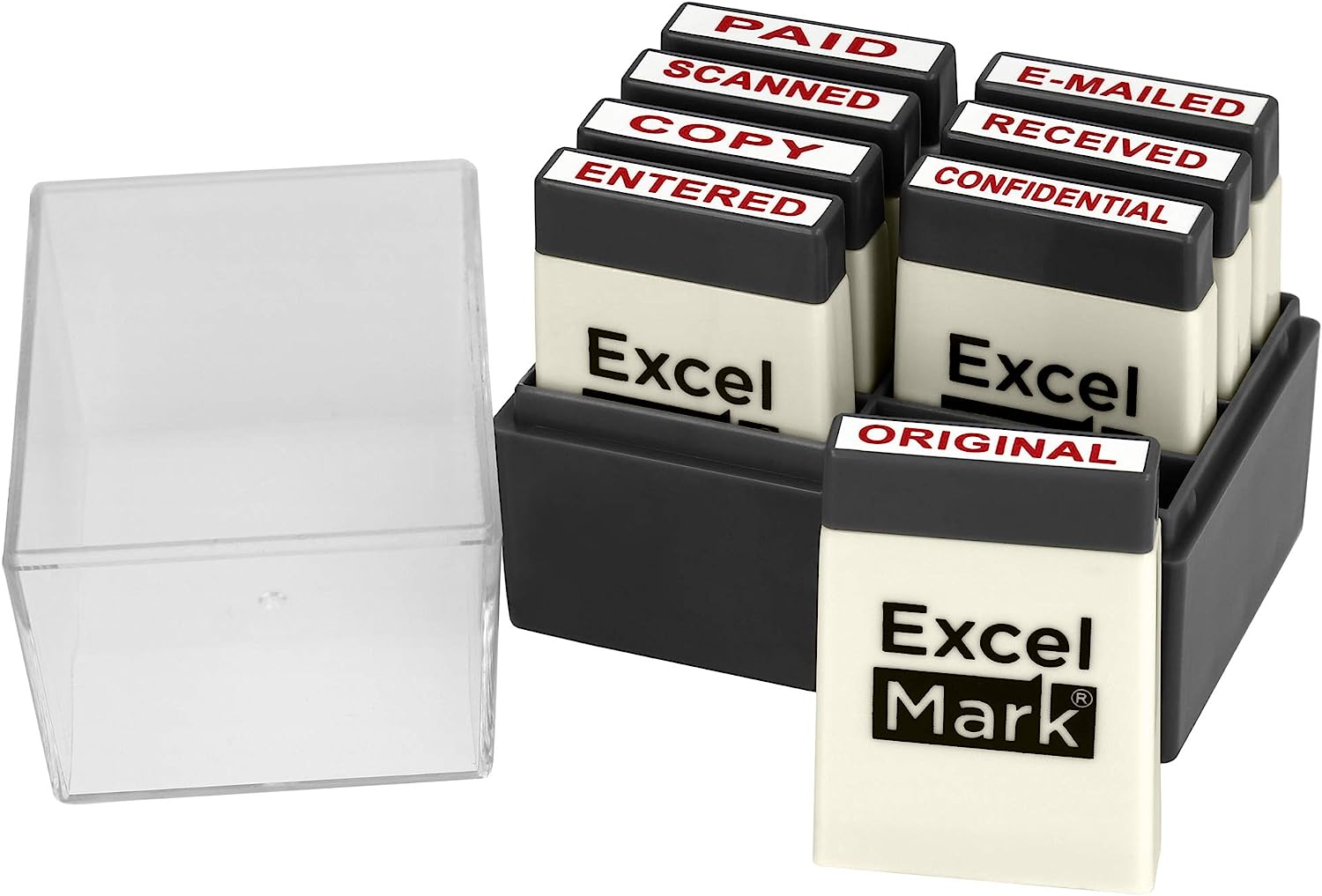 ExcelMark Mini Office Message Rubber Stamp Set - Red Ink - Storage Tray Included