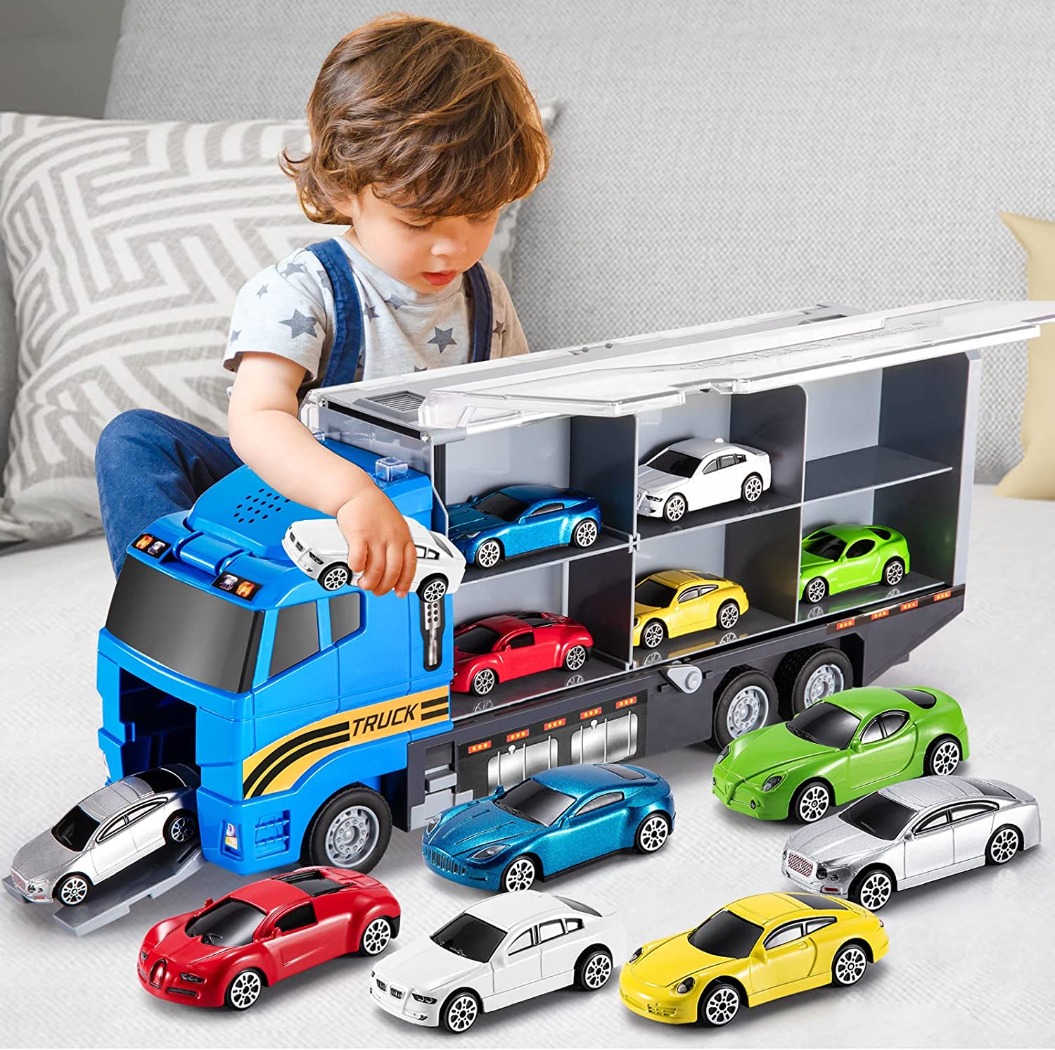 TEMI Toddler Toys for 3 4 5 6 Years Old Boys, Transport Cars Carrier Set Truck Toys w/Play Mat, Die-cast Vehicles Truck Toys Cars, Alloy Metal Race Model Car Toys Set for Age 3-9 Kids Boys & Girls