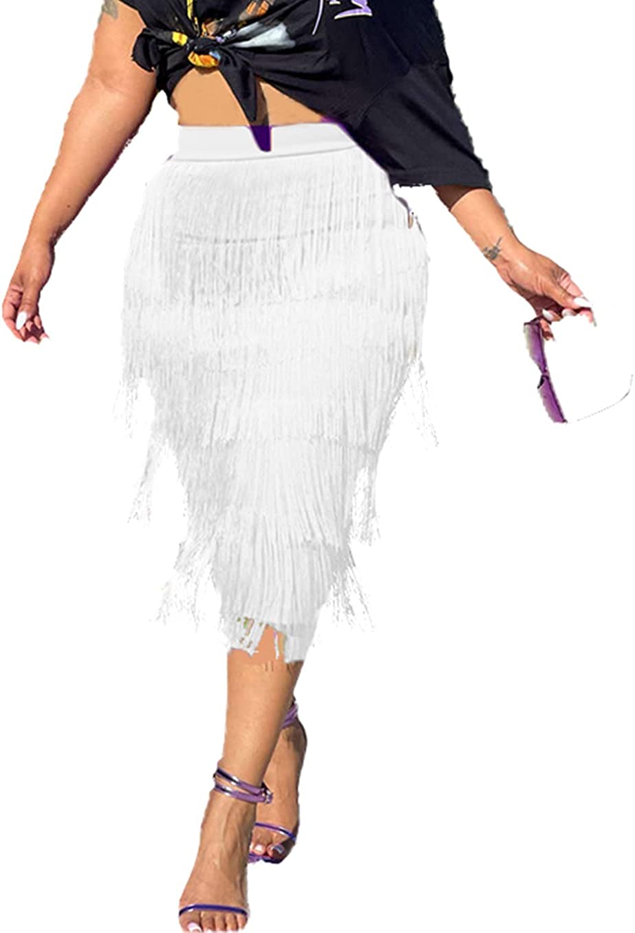 Choichic Women's Elegant High Waisted Midi Skirts Elastic Waist Tassel Skirt Slim Fit Knee Length Long Pencil Skirt