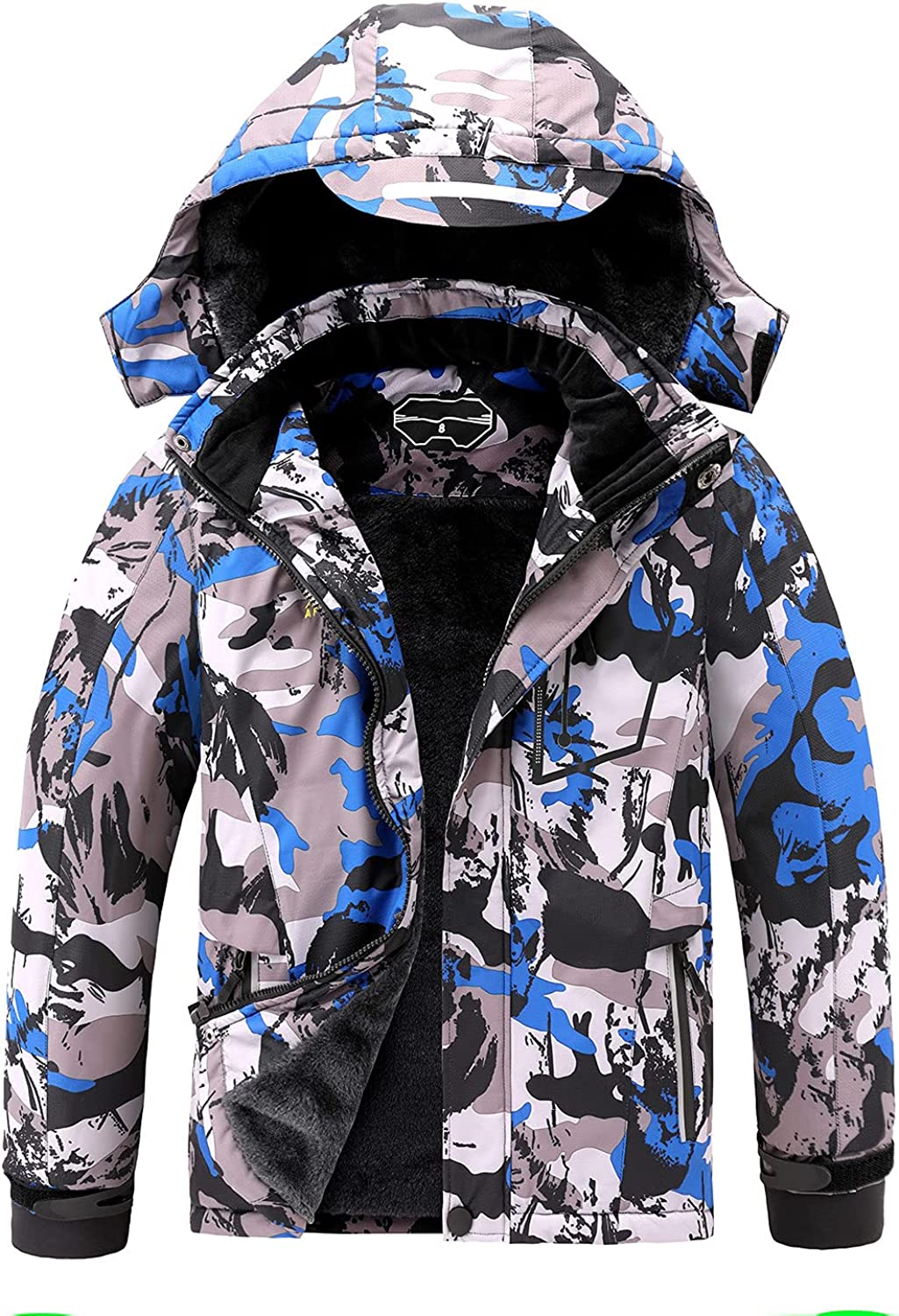 OHSNMAKSL Boy's Waterproof Ski Jacket Warm Winter Snow Coat Kids Fleece Snowboarding Jackets Thick Hooded Windproof Coats