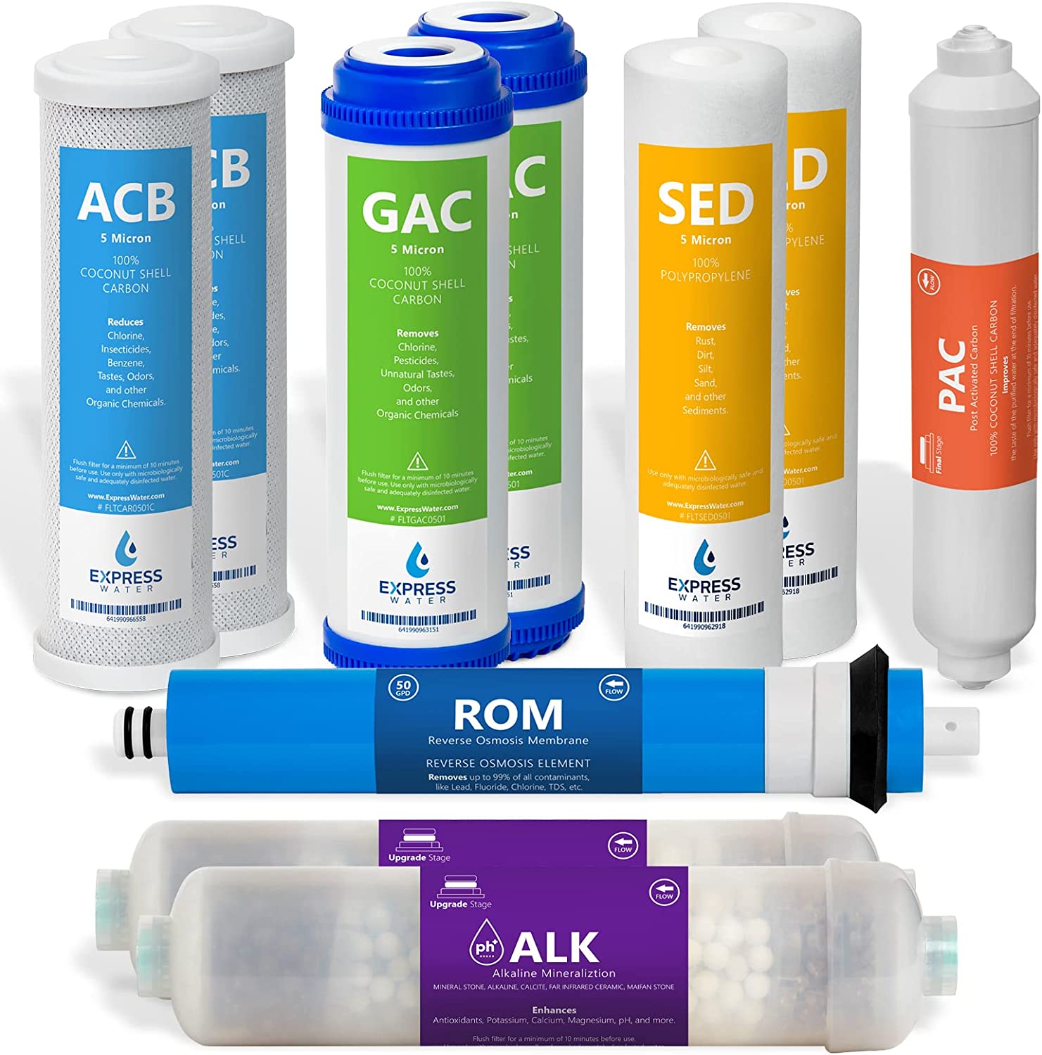 Express Water – 1 Year Alkaline Reverse Osmosis System Replacement Filter Set – 10 Filters with 50 GPD RO Membrane – 10 inch Size Water Filters