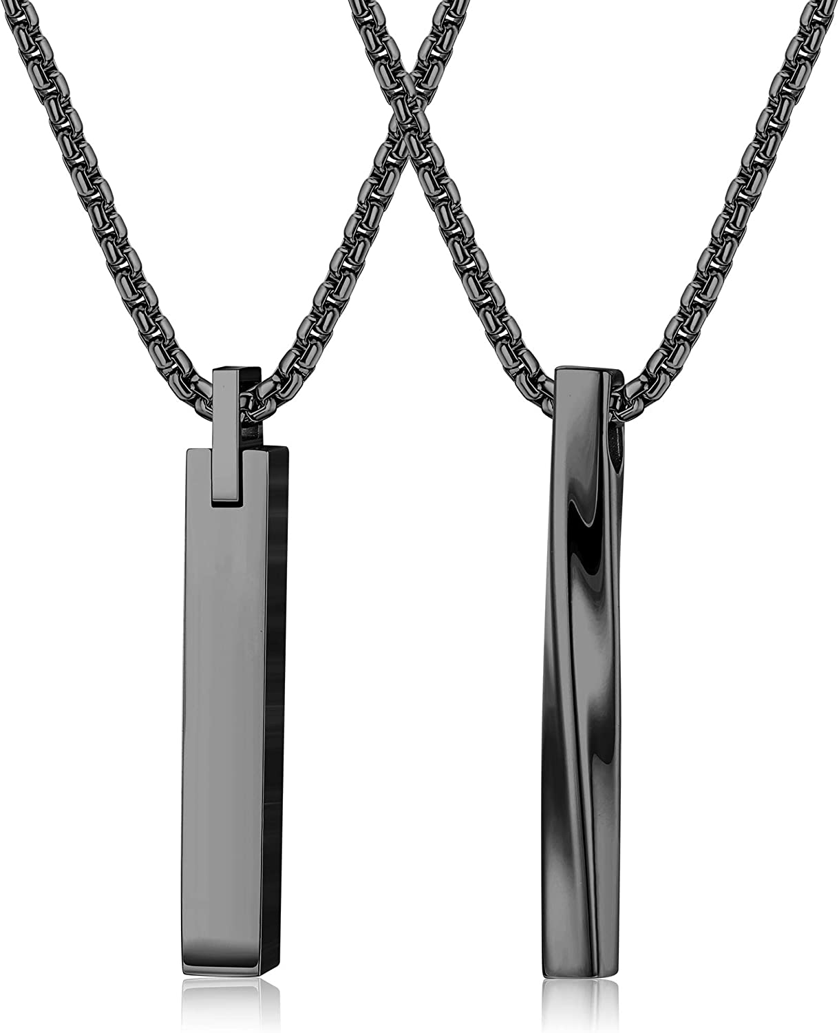 LOLIAS 2pcs Stainless Steel Stick Bar Pendant Necklace for Men Women Cool Unisex Twisted Cube Bar Pendant Vertical Cuboid Stick Pendant Chain Necklace Set