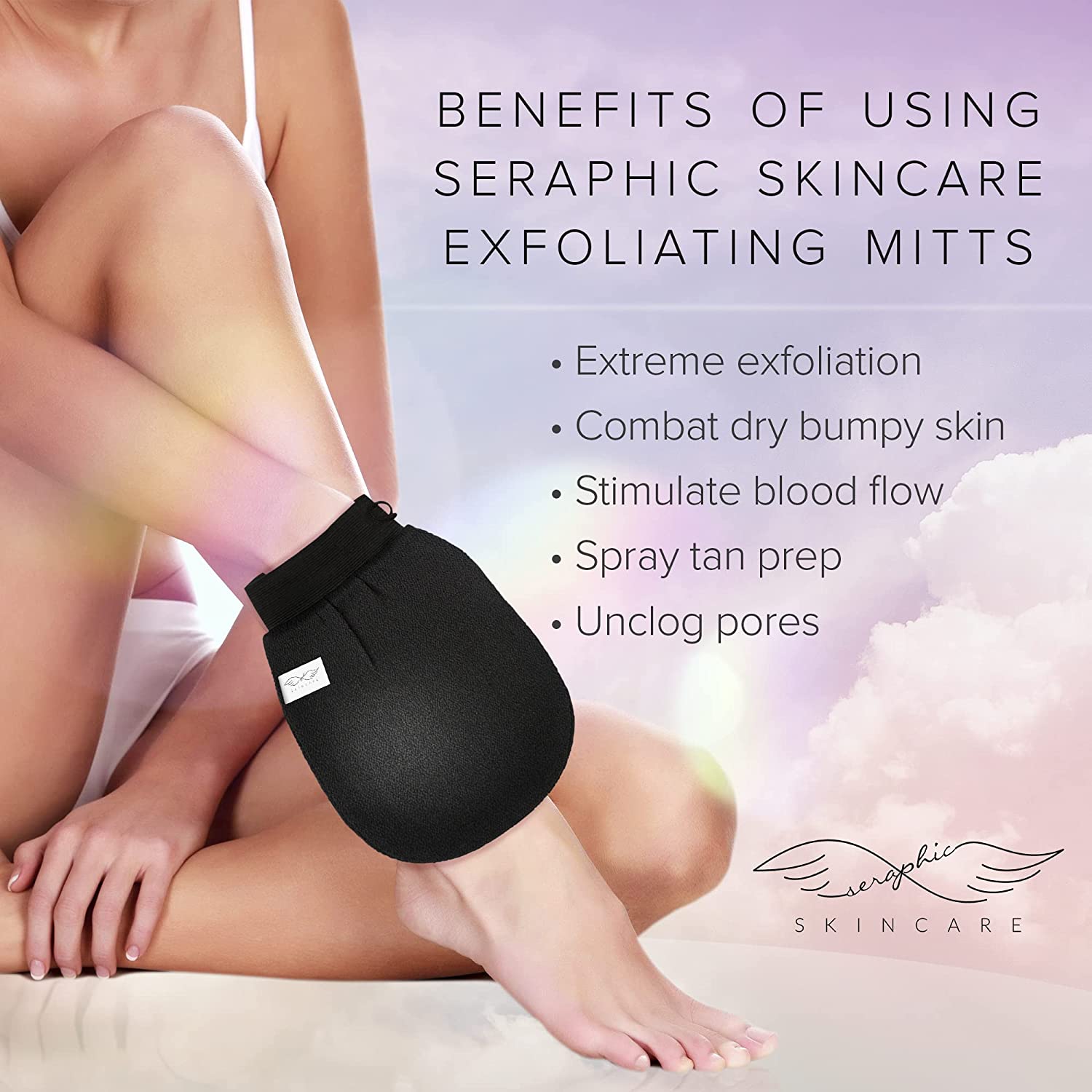 Seraphic Skincare Korean Exfoliating Mitts (2pcs) Microdermabrasion at Home Exfoliating Gloves Visibly Lift Away Dead Skin, Great for Spray Tan Removal or Keratosis Pilaris, Made of 100% Viscose Fiber