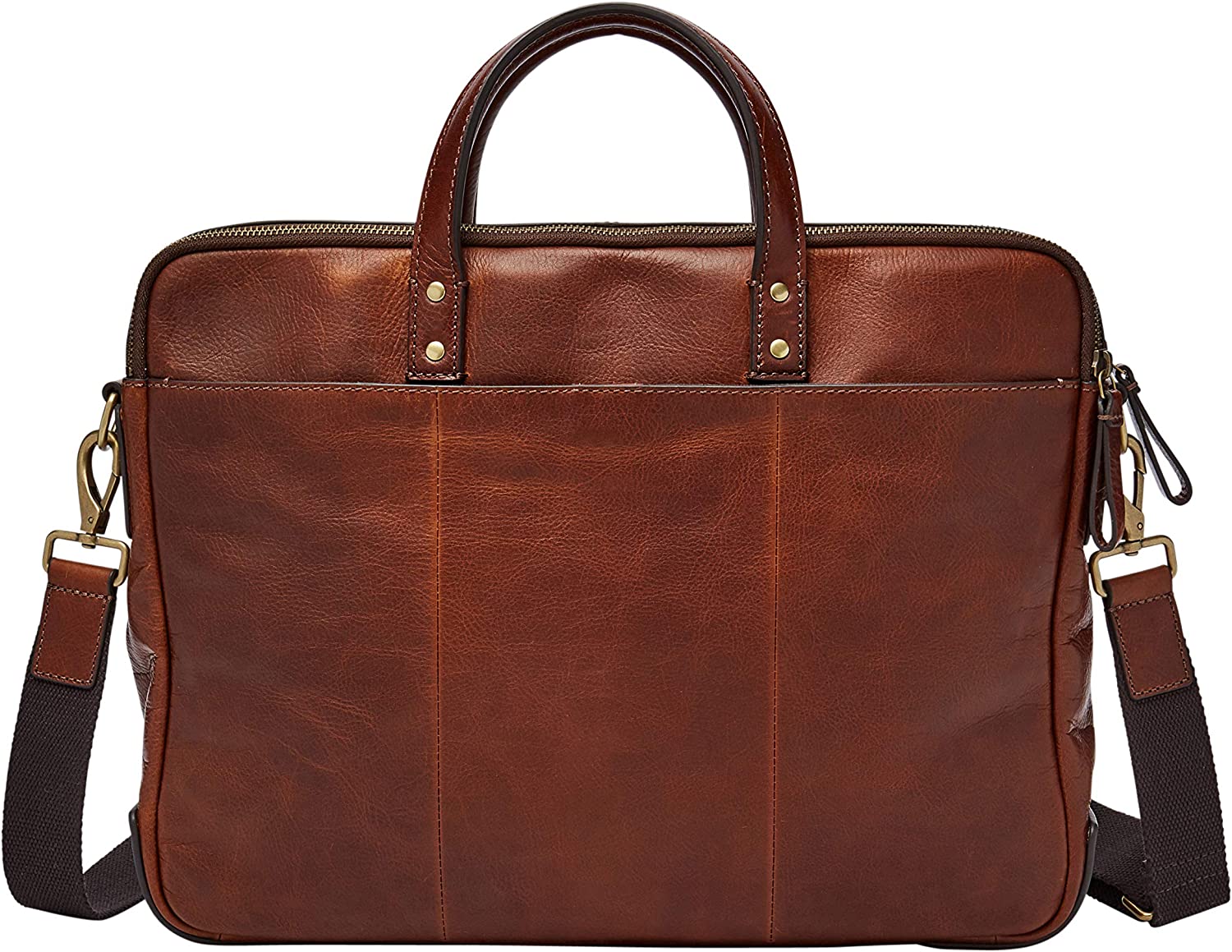 Fossil Men&#39;s Haskell Leather Double Zip Briefcase Messenger Laptop Bag， Cognac ， (Model: MBG9342222)